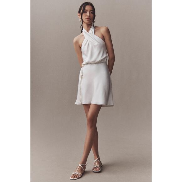 BHLDN Ruby Twist Halter Stretch Satin Ivory Mini Dress - Picture 3 of 7